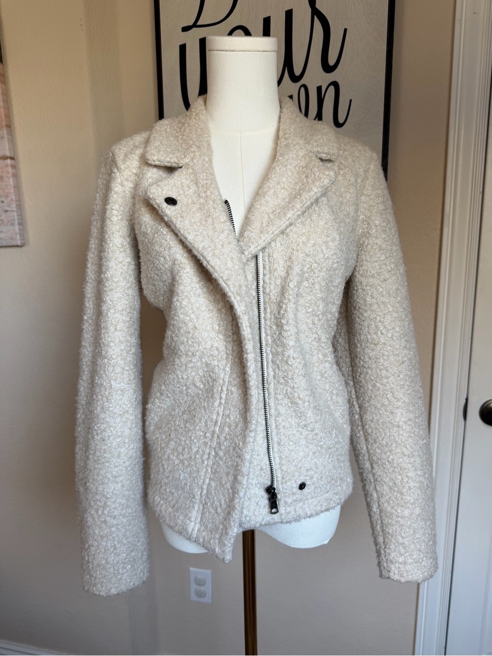 Banana Republic Ivory Bouclé Moto Jacket Size M